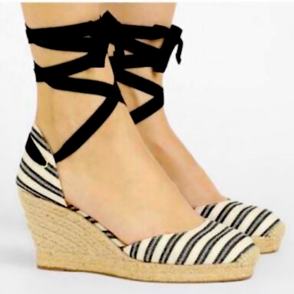*EUC* J. Crew Ankle Wrap Espadrille Stripe Wedges Size 9